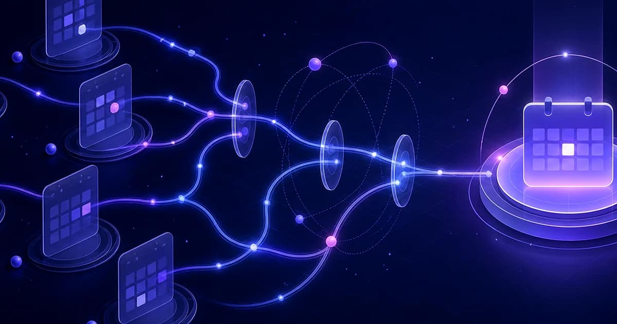 Seven scheduling paths branching toward self-hosting, design, payments, teams, and simple booking